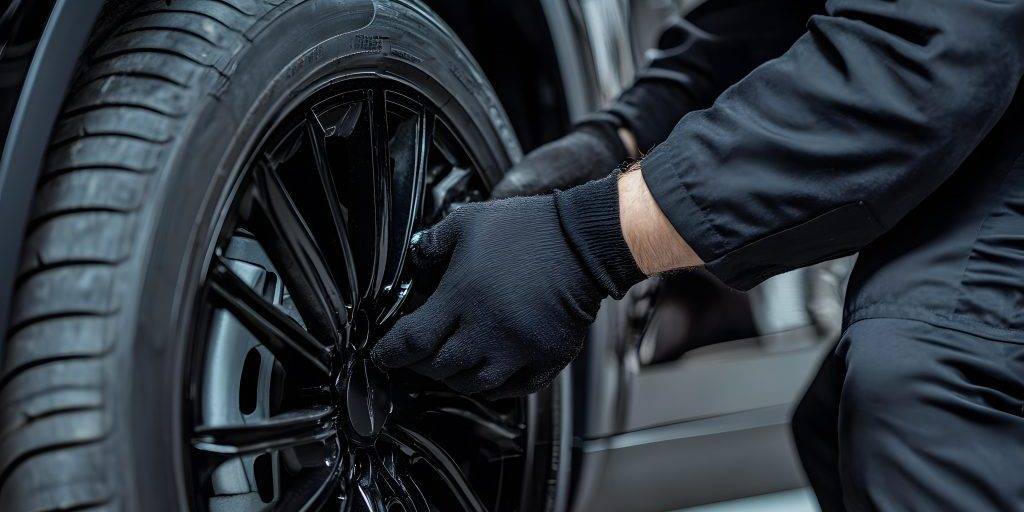 Close Up Of An Auto Mechanic In Black Uniform And Gloves Changing The Tire On Car Wheel With Copy Space.